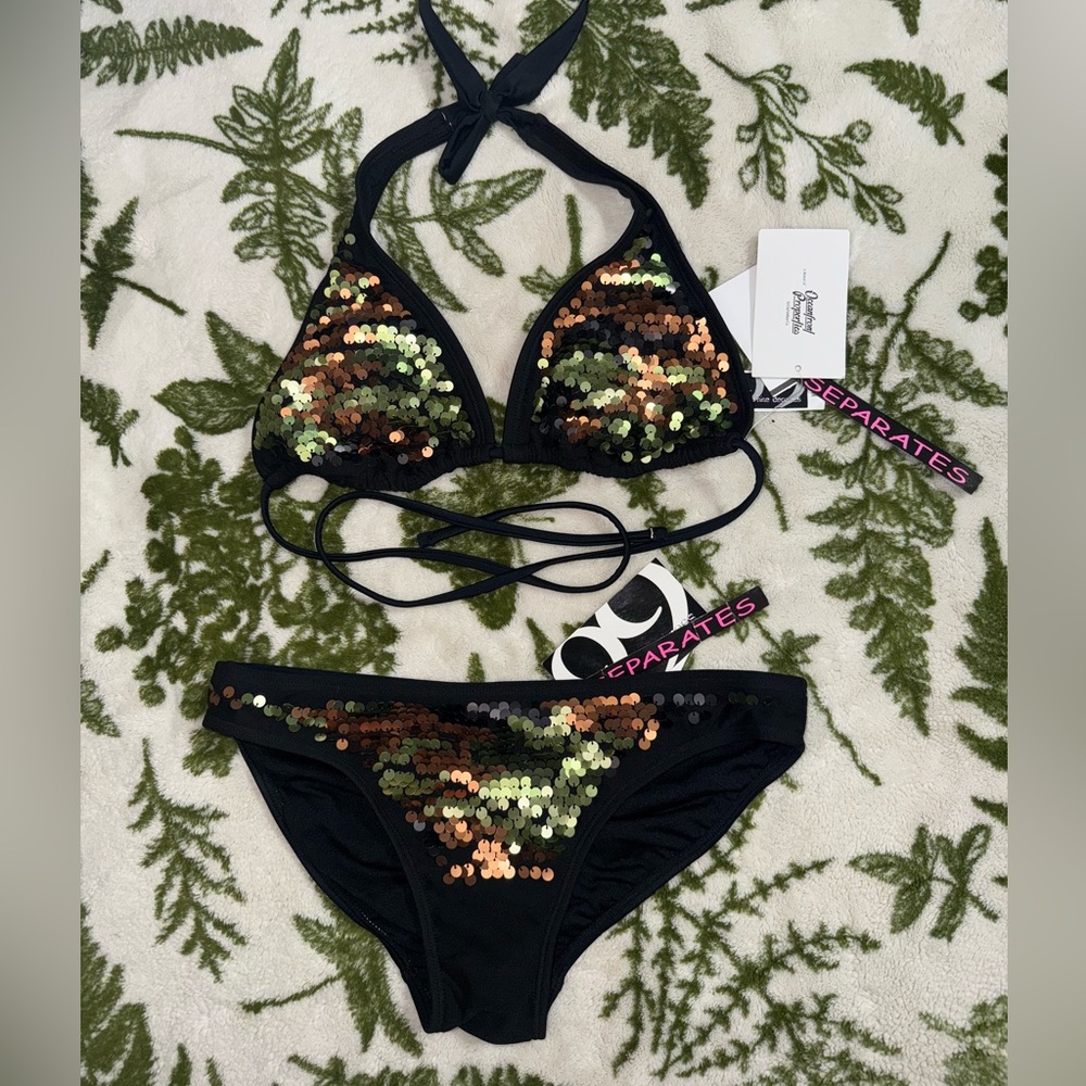 99 Degrees NWT Vintage Women’s M Black & Green Sequined Matching Bikini Set
